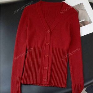 Women's Red V-Neck Button-Up Sweater